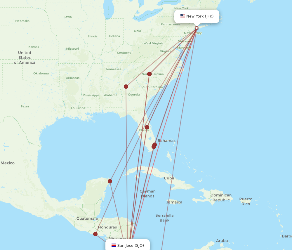 Flights from San Jose to New York SJO to JFK Flight Routes