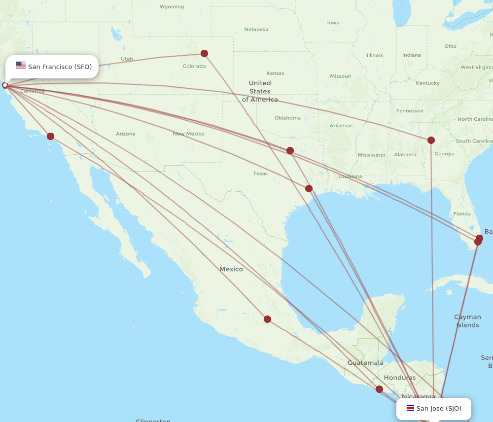 All flight routes from San Jose to San Francisco, SJO to SFO - Flight ...