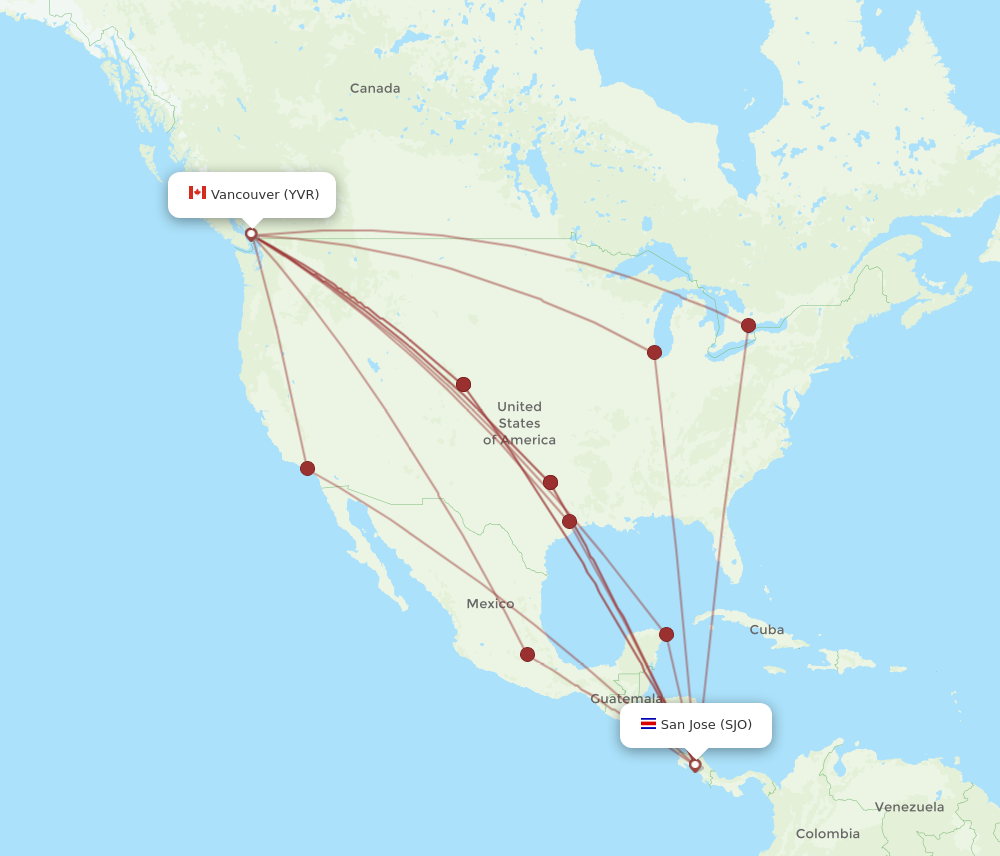 Flights from Vancouver to San Jose YVR to SJO Flight Routes