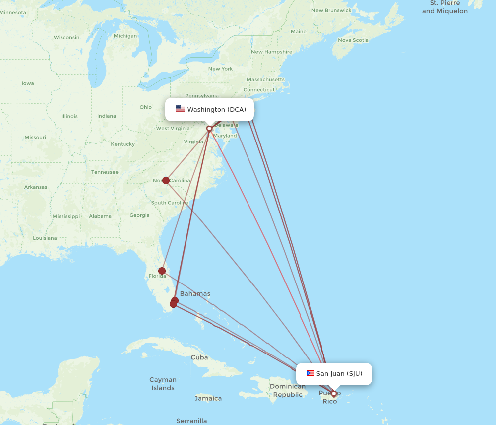 Flights from San Juan to Washington SJU to DCA Flight Routes