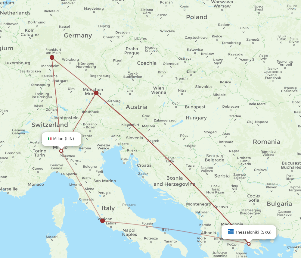 All flight routes from Thessaloniki to Milan, SKG to LIN - Flight Routes