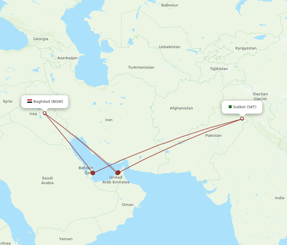 All Flight Routes From Sialkot To Baghdad, SKT To BGW - Flight Routes