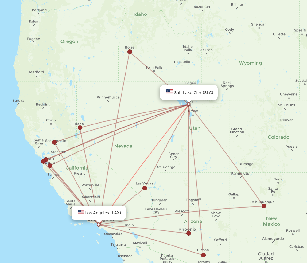 All flight routes from Salt Lake City to Los Angeles, SLC to LAX