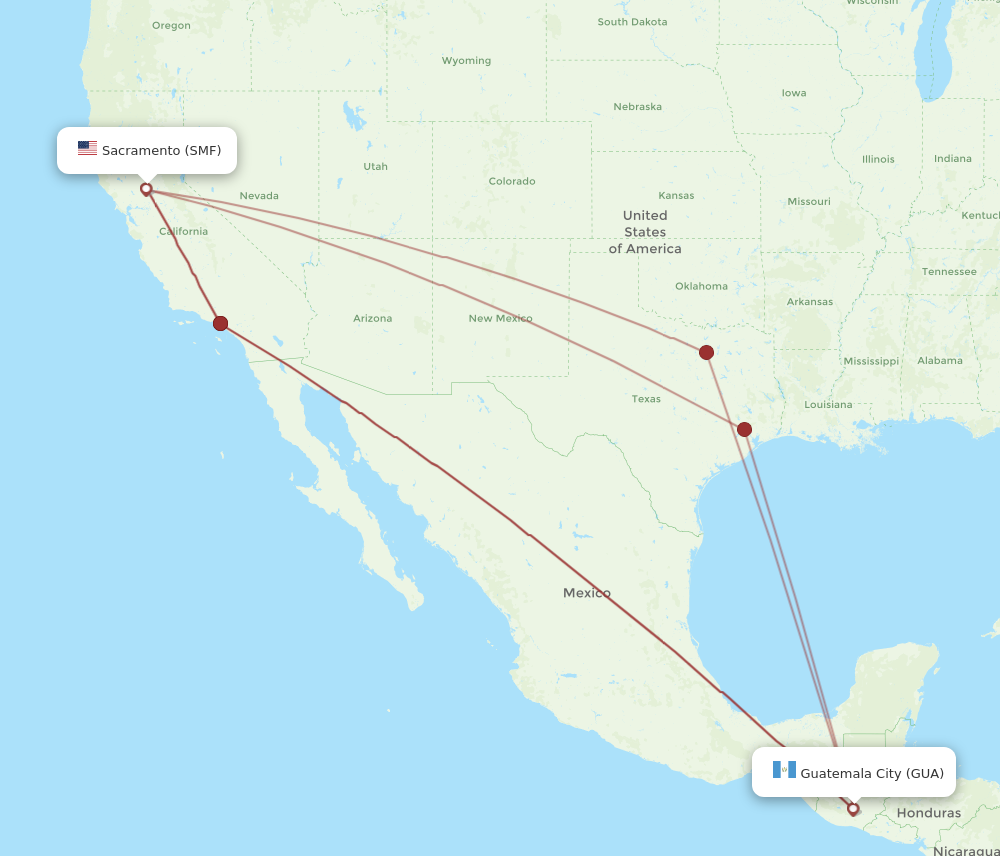 All flight routes from Sacramento to Guatemala City, SMF to GUA ...