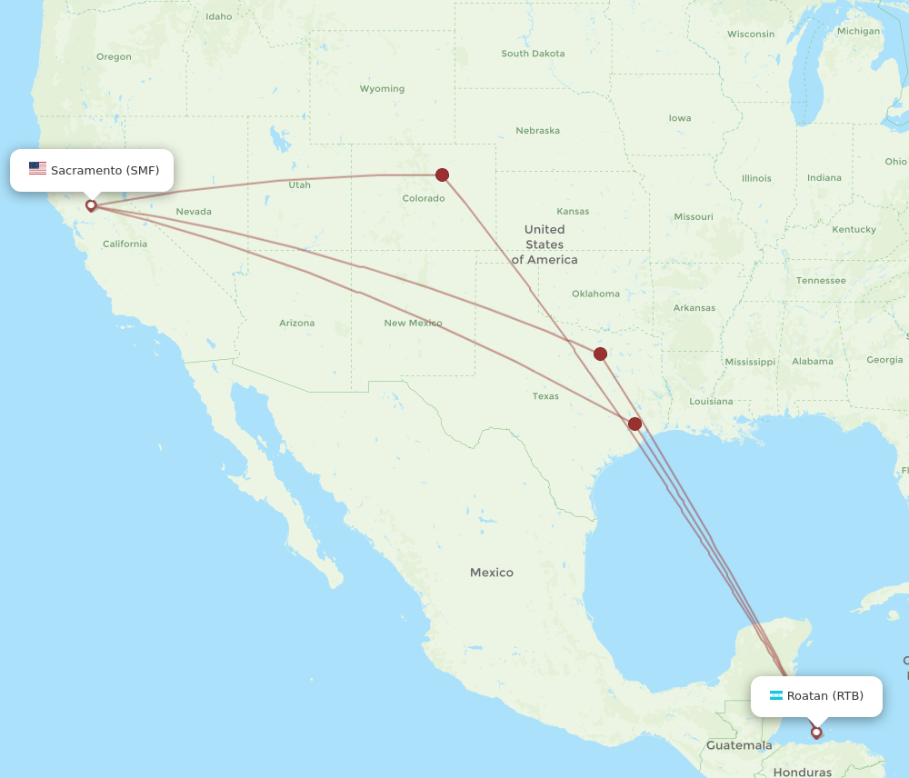 All flight routes from Sacramento to Roatan, SMF to RTB - Flight Routes