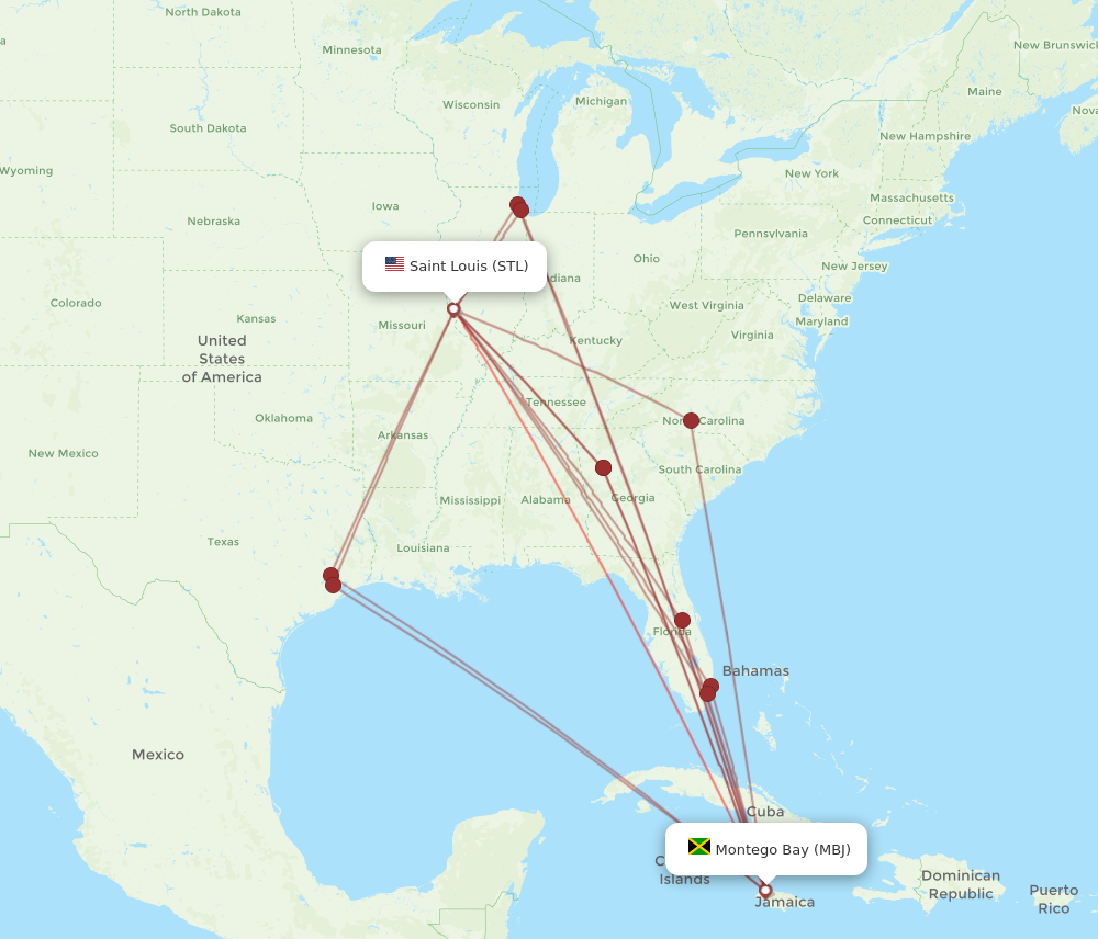 All flight routes from Saint Louis to Montego Bay, STL to MBJ - Flight ...