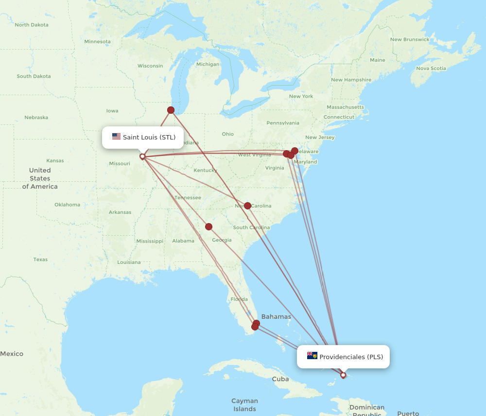 All flight routes from Saint Louis to Providenciales, STL to PLS ...