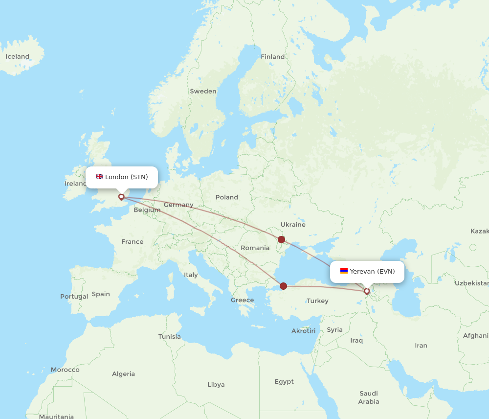 Flights from London to Yerevan STN to EVN Flight Routes