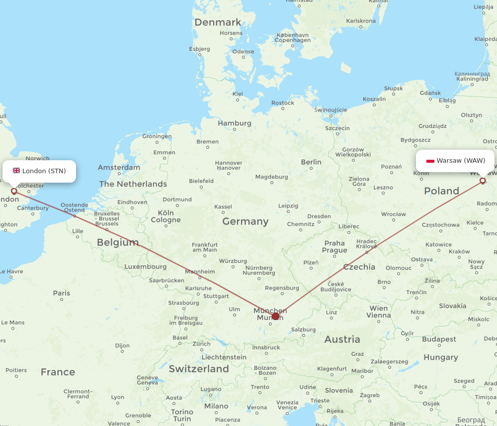 Flights from London to Warsaw STN to WAW Flight Routes