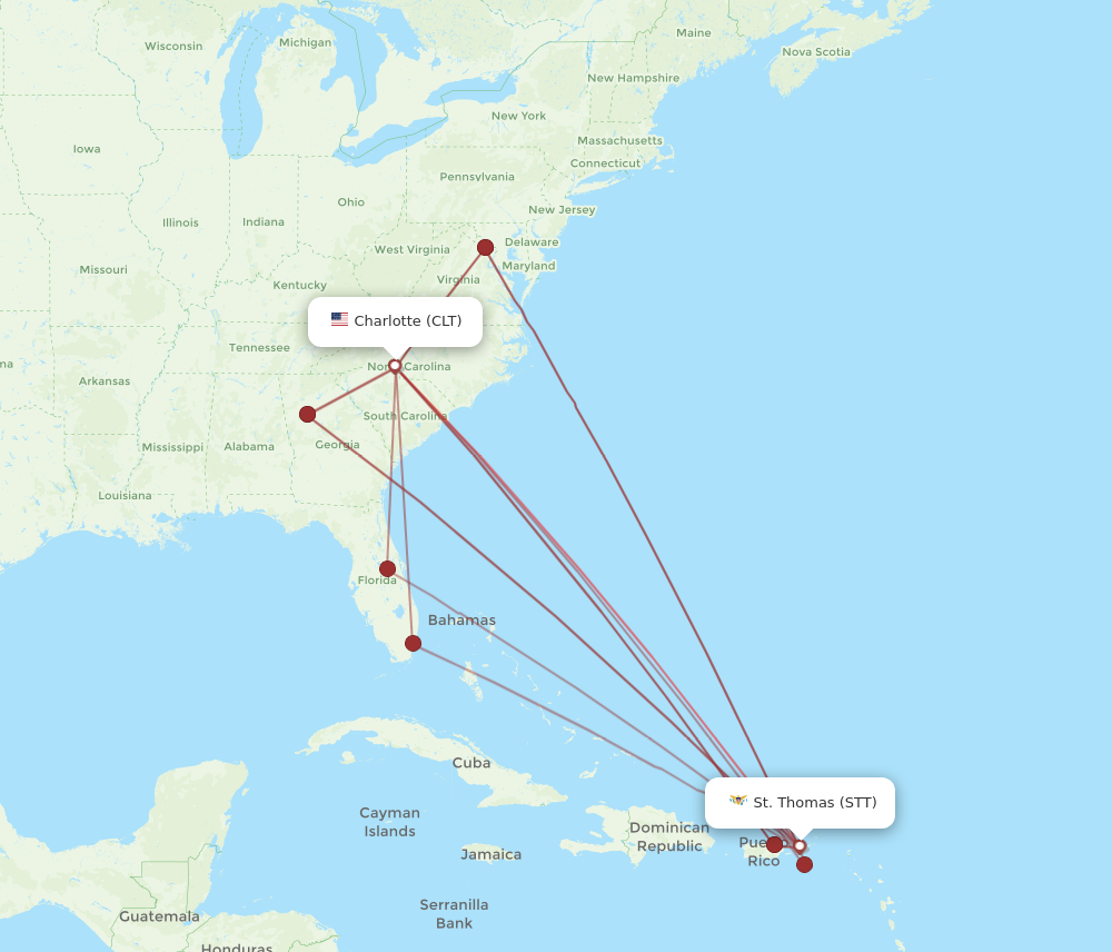 All flight routes from Saint Thomas to Charlotte, STT to CLT - Flight ...