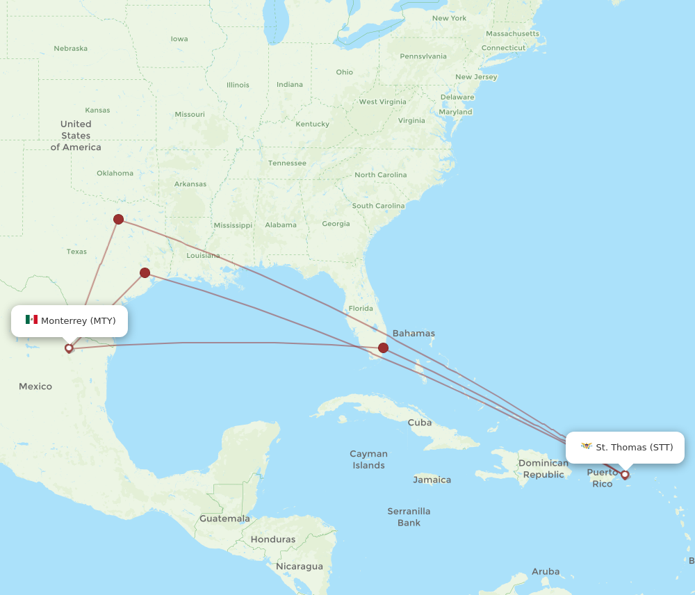 All Flight Routes From Saint Thomas To Monterrey, Stt To Mty - Flight 