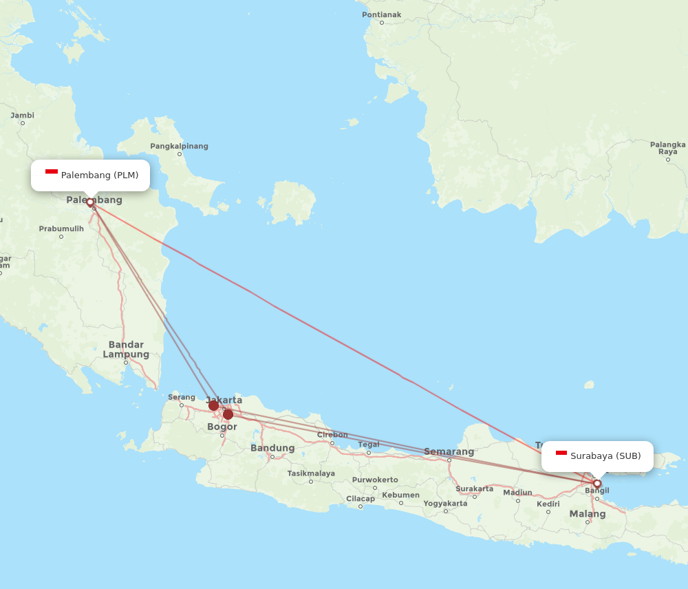 All flight routes from Surabaya to Palembang, SUB to PLM - Flight Routes