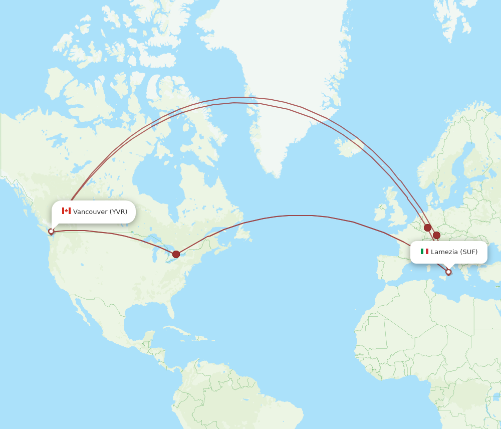 All Flight Routes From Vancouver To Lamezia-Terme, YVR To SUF - Flight ...