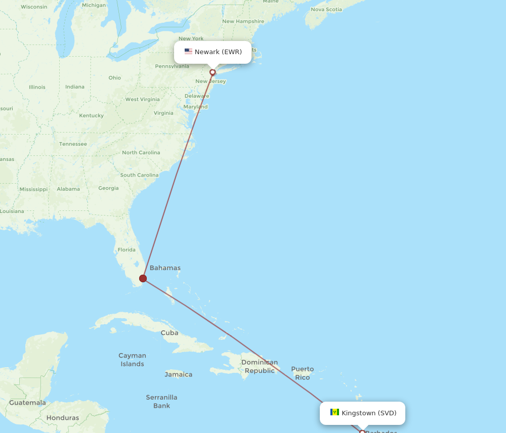 All flight routes from Saint Vincent to New York, SVD to EWR - Flight ...