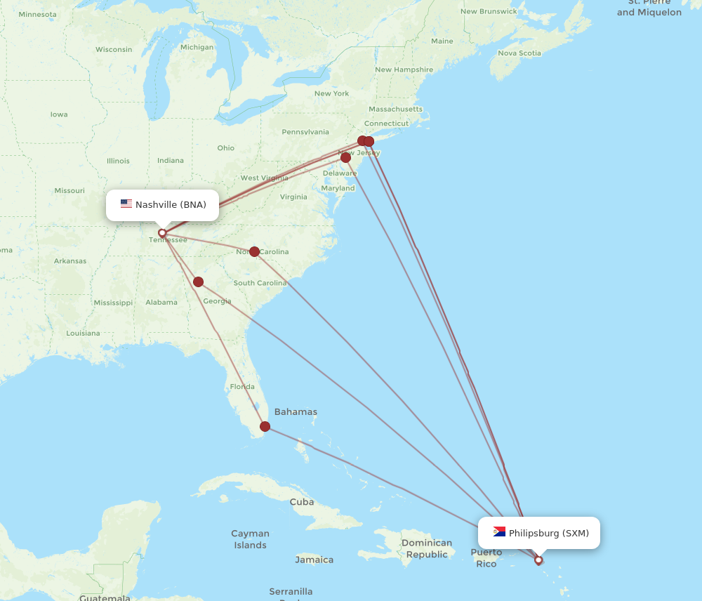 Flights from Sint Maarten to Nashville SXM to BNA Flight Routes