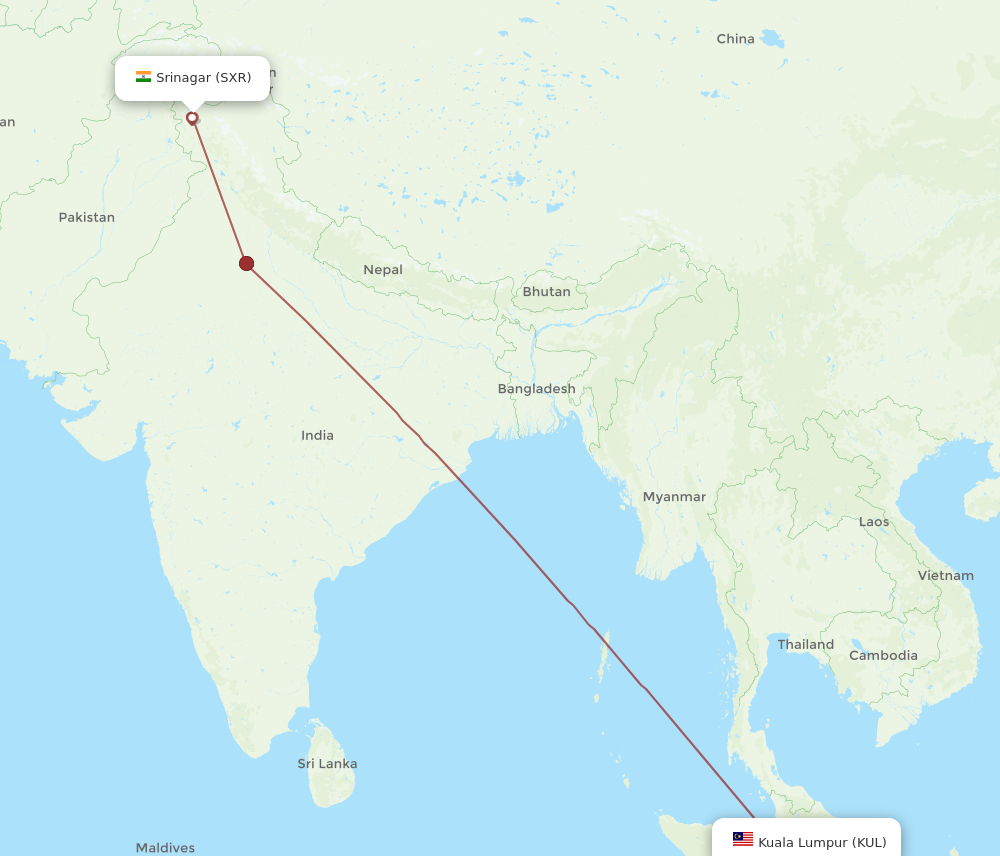 All flight routes from Srinagar to Kuala Lumpur, SXR to KUL - Flight Routes