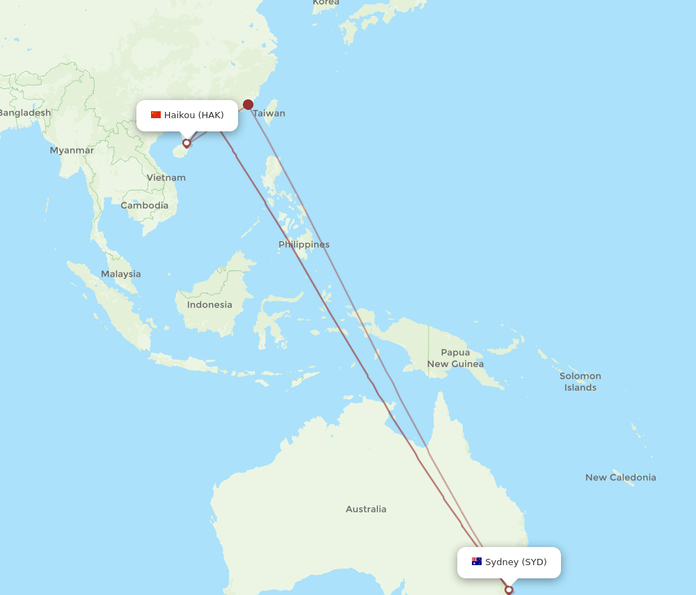 SYD to HAK flights and routes map