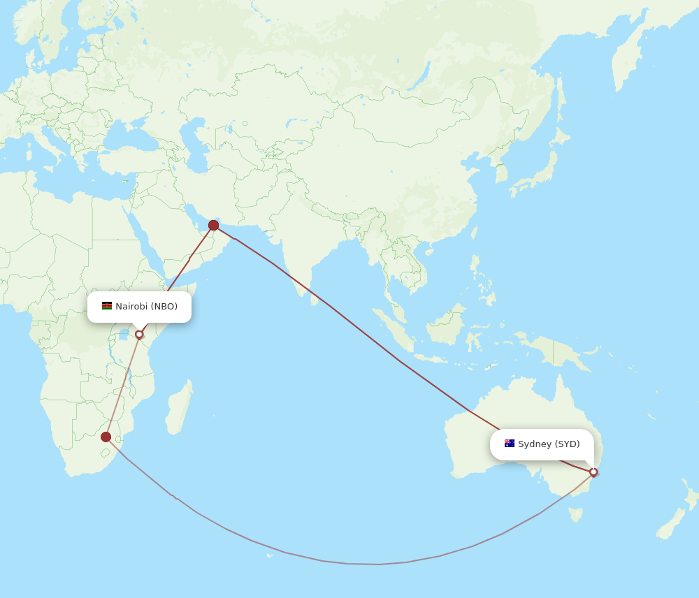 All flight routes from Sydney to Nairobi, SYD to NBO Flight Routes