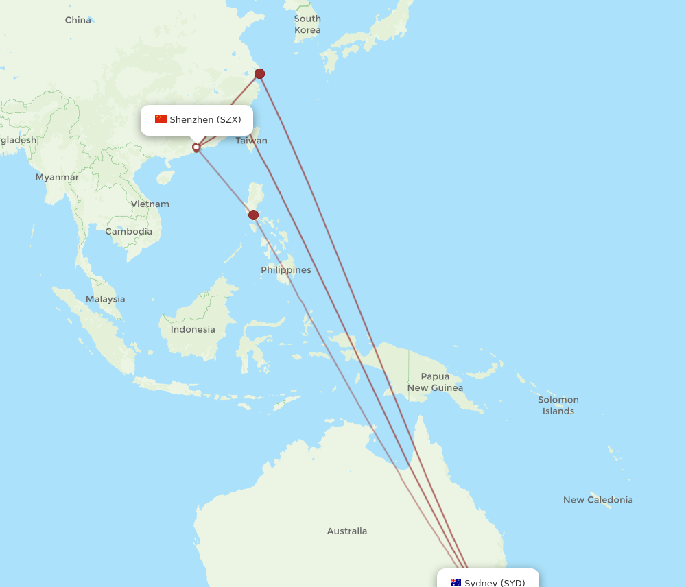 SYD to SZX flights and routes map