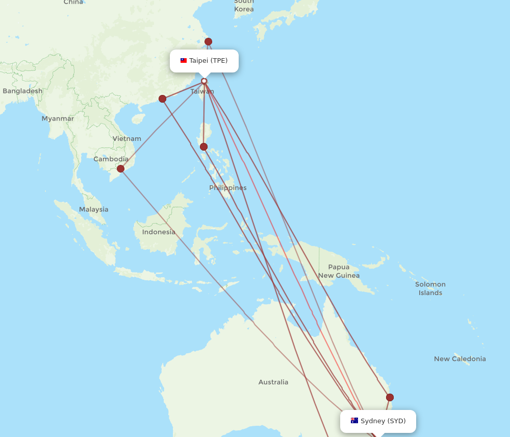 All flight routes from Sydney to Taipei, SYD to TPE - Flight Routes