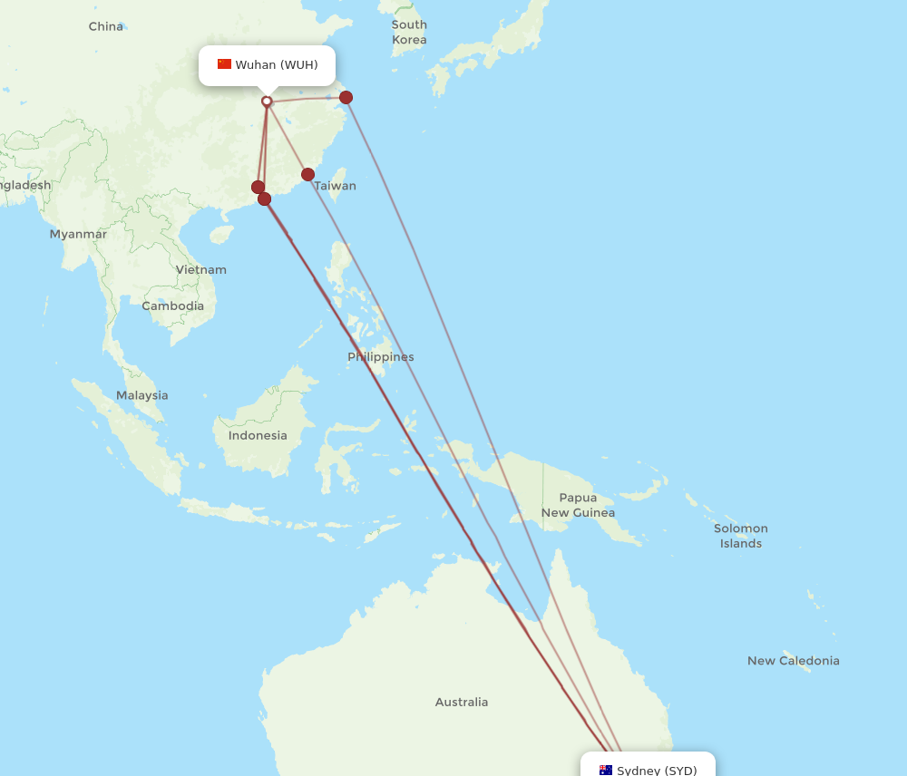 SYD to WUH flights and routes map