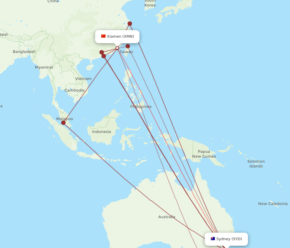 SYD to XMN flights and routes map