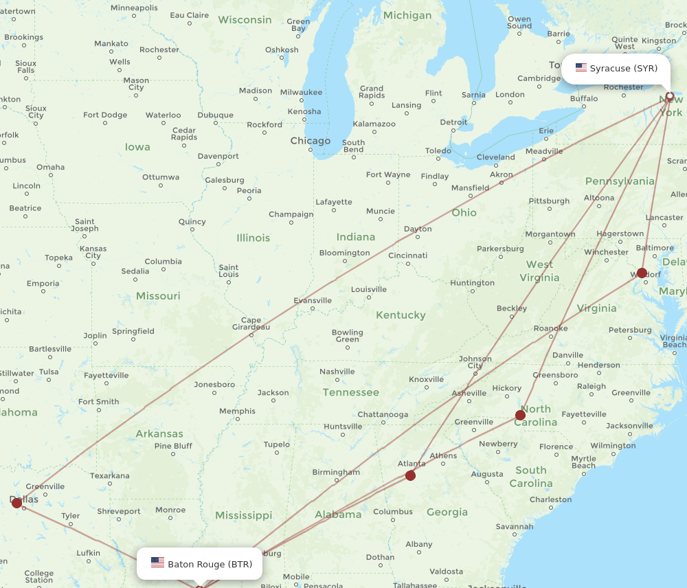 All flight routes from Syracuse to Baton Rouge, SYR to BTR Flight Routes