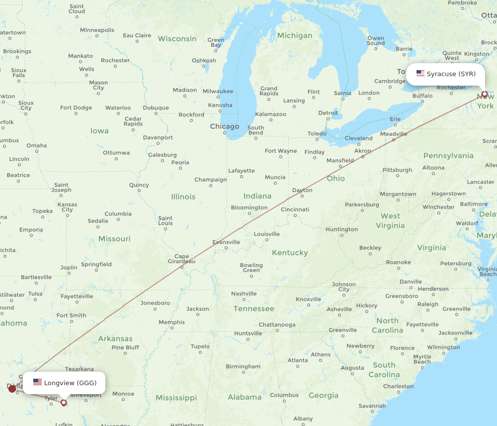 All Flight Routes From Syracuse To Longview, SYR To GGG - Flight Routes