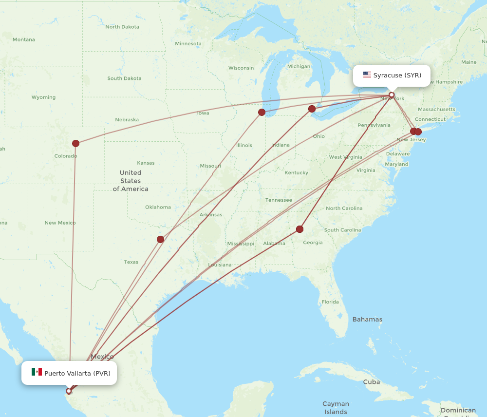 Flights from Syracuse to Puerto Vallarta, SYR to PVR Flight Routes