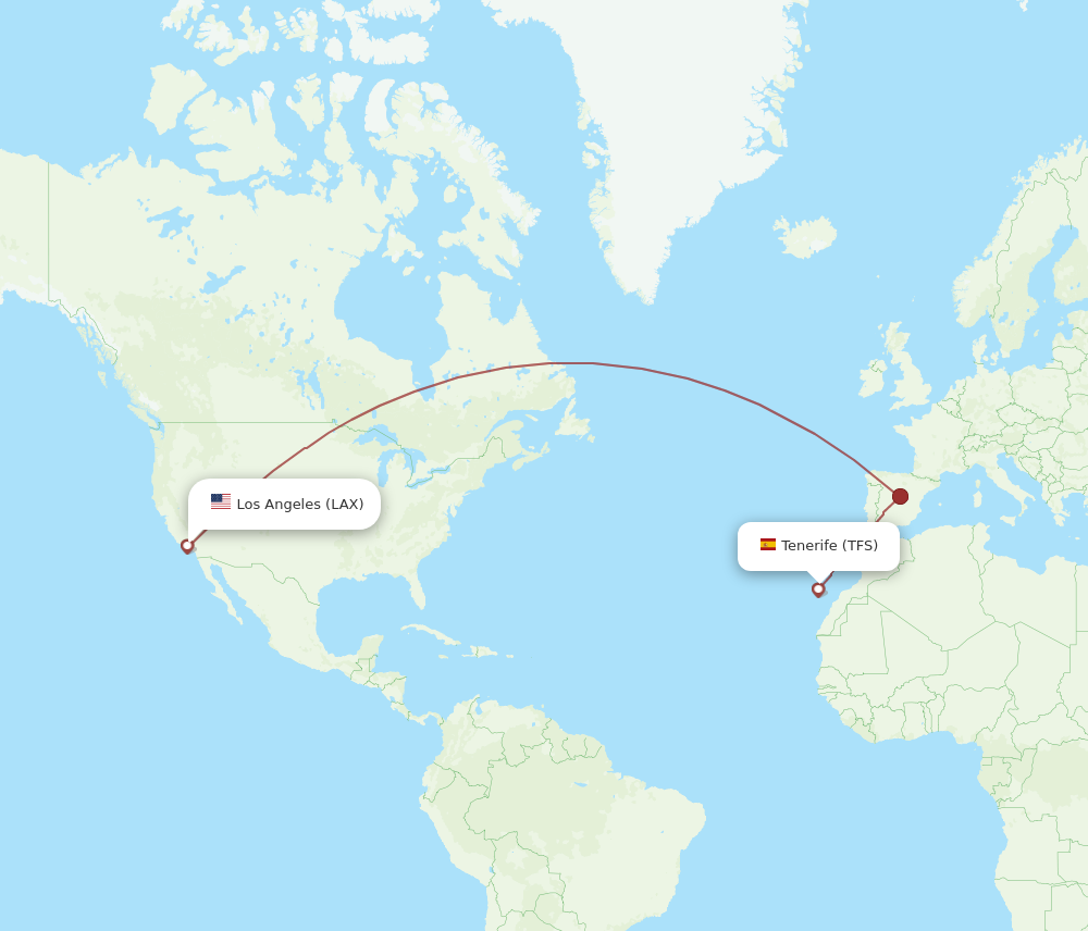 All flight routes from Tenerife to Los Angeles, TFS to LAX Flight Routes