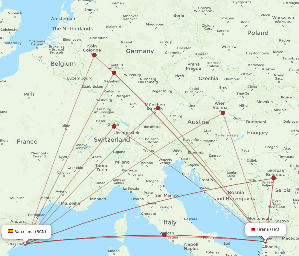 Flights from Tirana to Barcelona TIA to BCN Flight Routes