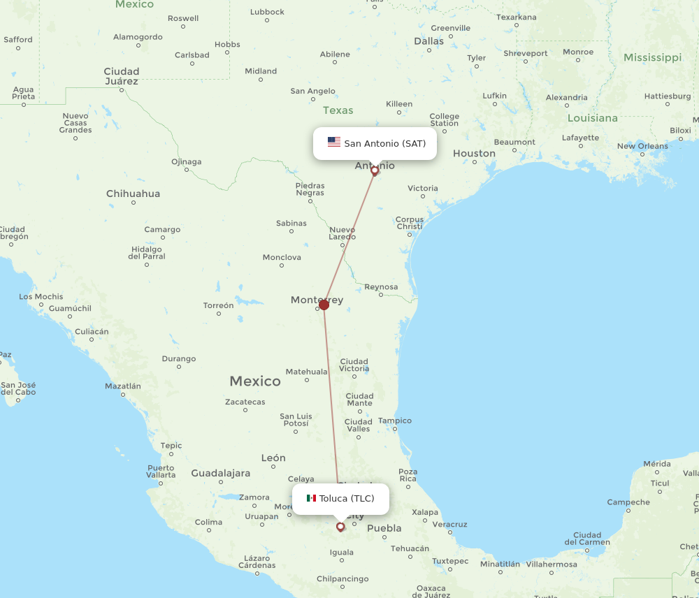 All flight routes from Toluca to San Antonio, TLC to SAT - Flight Routes