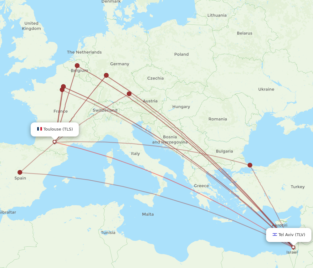 All flight routes from Toulouse to Tel Aviv-Yafo, TLS to TLV - Flight ...