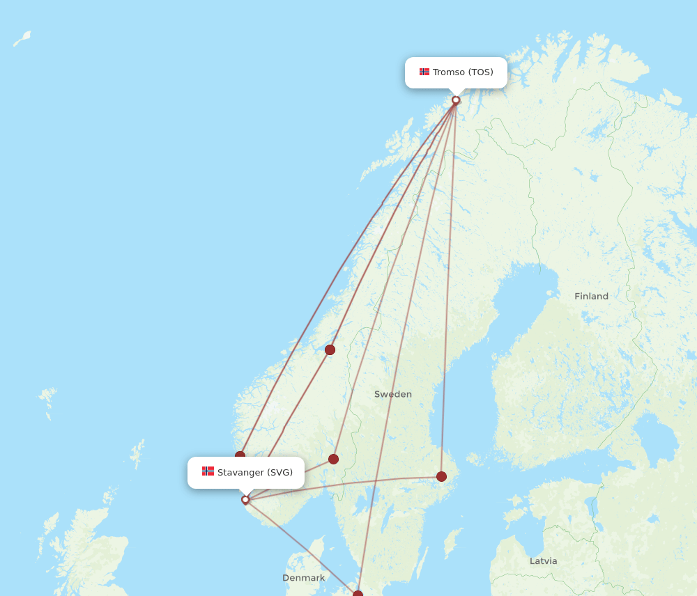 All flight routes from Tromso to Stavanger, TOS to SVG - Flight Routes