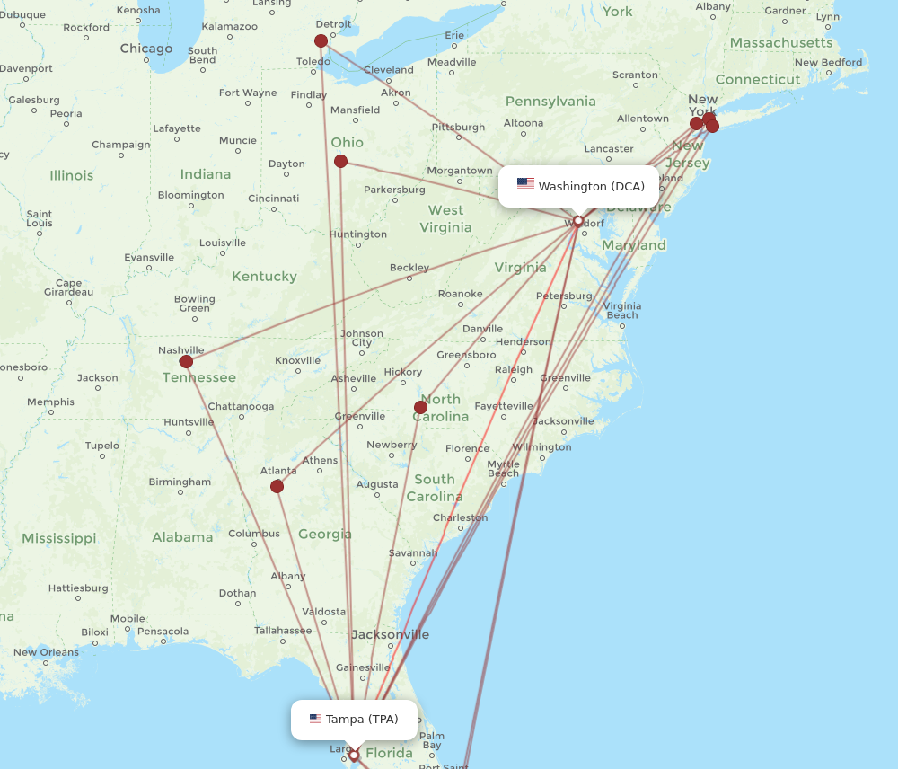 Flights from Tampa to Washington TPA to DCA Flight Routes