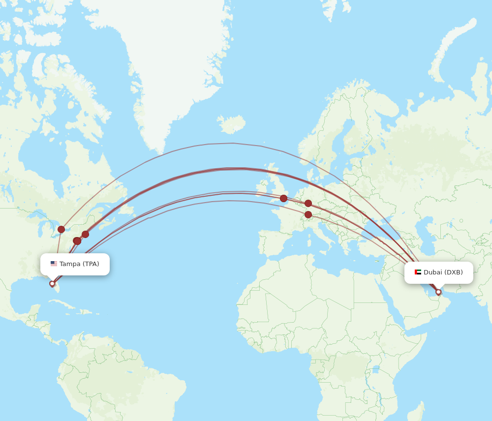 All flight routes from Tampa to Dubai, TPA to DXB - Flight Routes