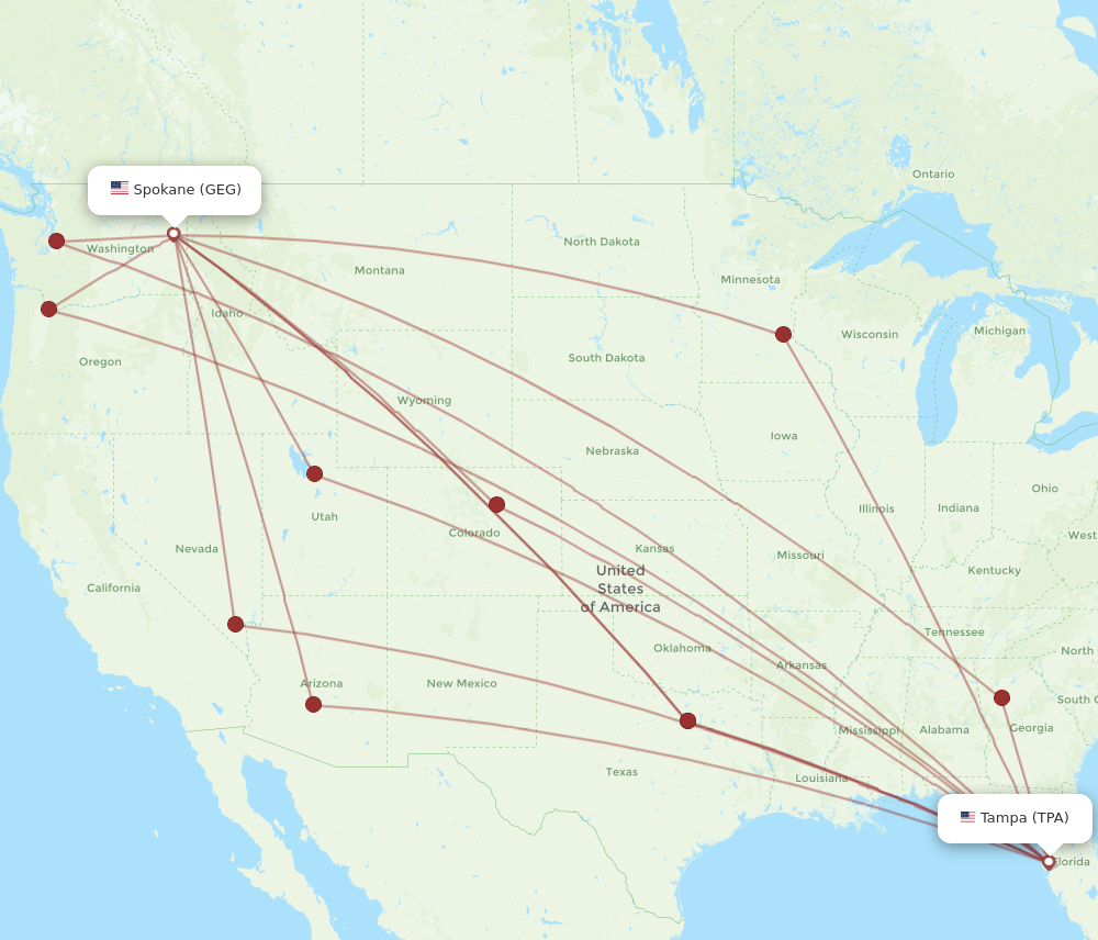 All flight routes from Tampa to Spokane, TPA to GEG - Flight Routes