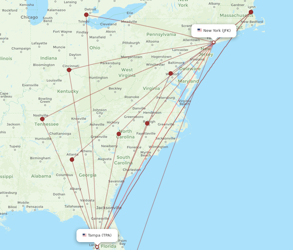 Flights from Tampa to New York TPA to JFK Flight Routes