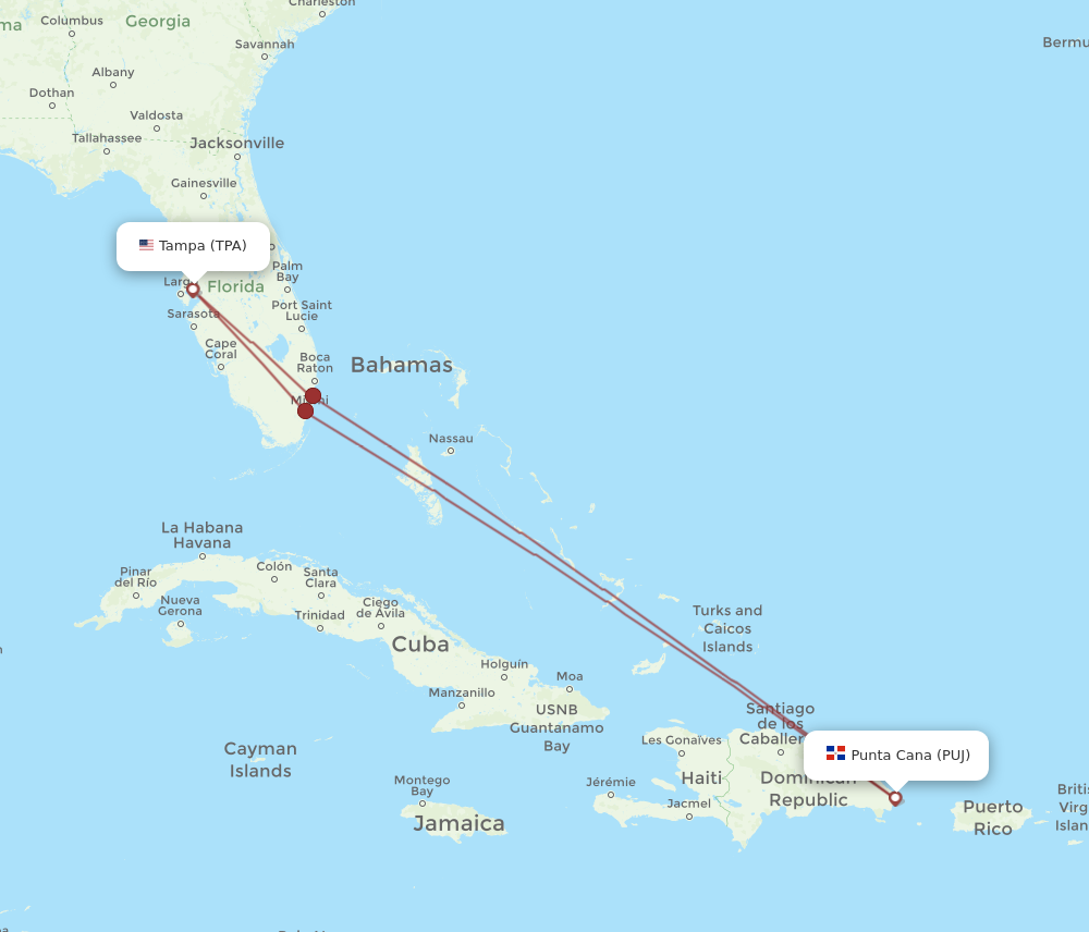 All flight routes from Tampa to Punta Cana, TPA to PUJ - Flight Routes