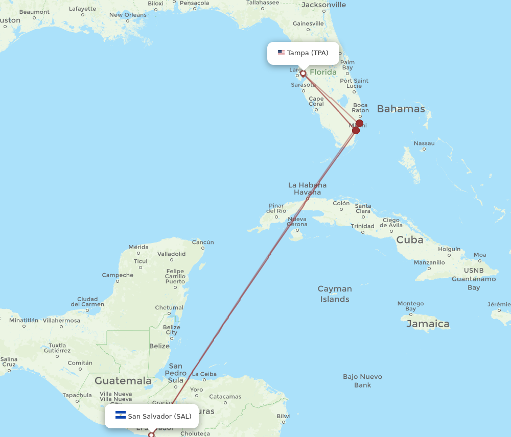 All flight routes from Tampa to San Salvador, TPA to SAL - Flight Routes