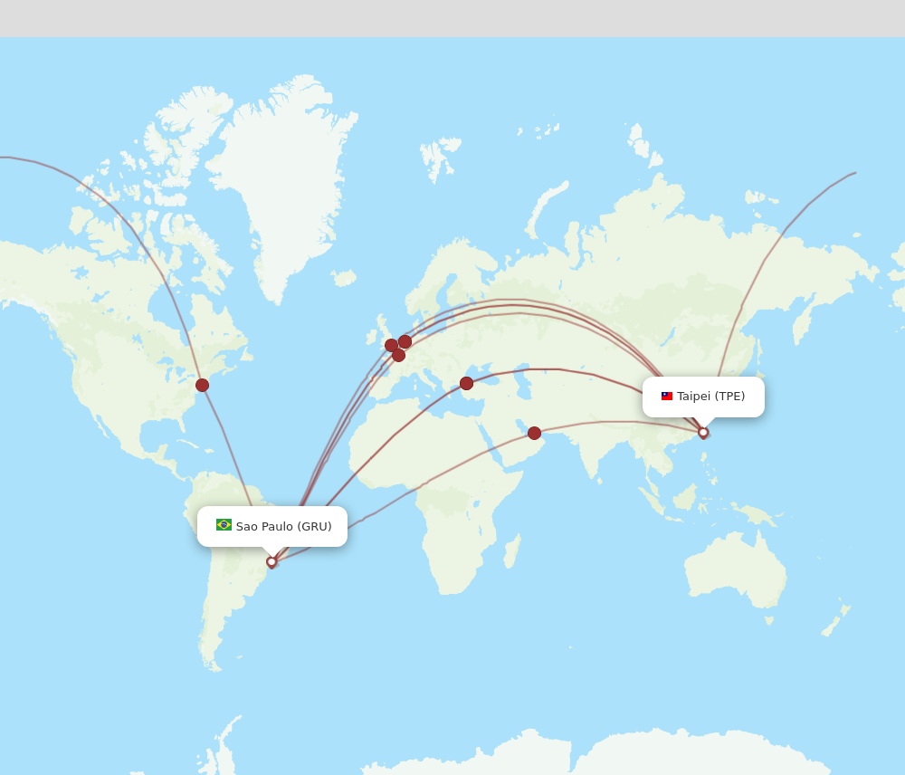 All flight routes from Taipei to Sao Paulo, TPE to GRU - Flight Routes