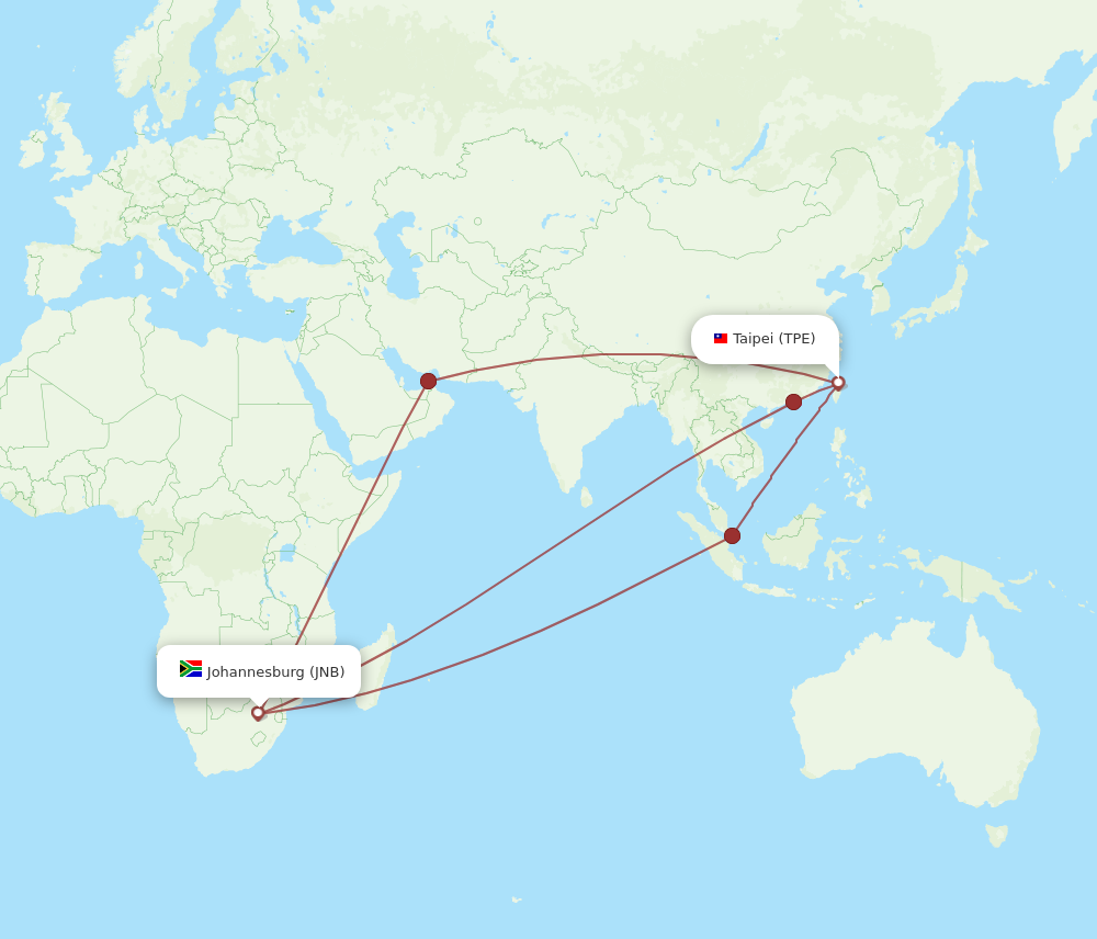 All Flight Routes From Taipei To Johannesburg, TPE To JNB - Flight Routes