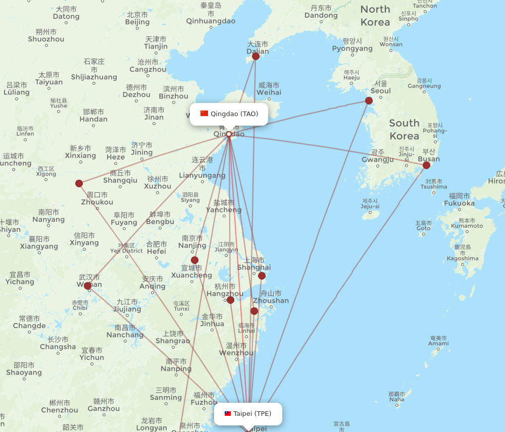 All Flight Routes From Taipei To Qingdao Tpe To Tao Flight Routes