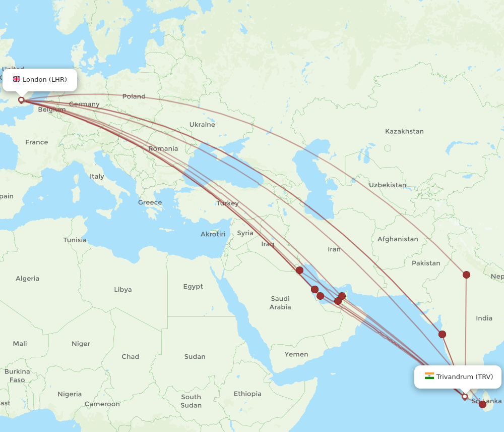 TRV to LHR flights and routes map