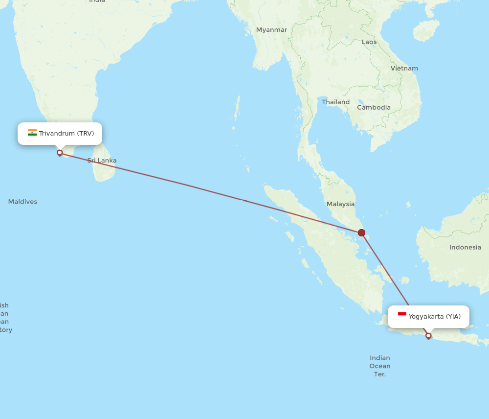 TRV to YIA flights and routes map