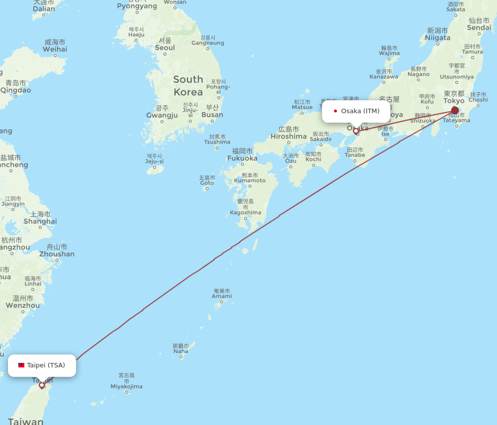 Flights from Taipei to Osaka TSA to ITM Flight Routes