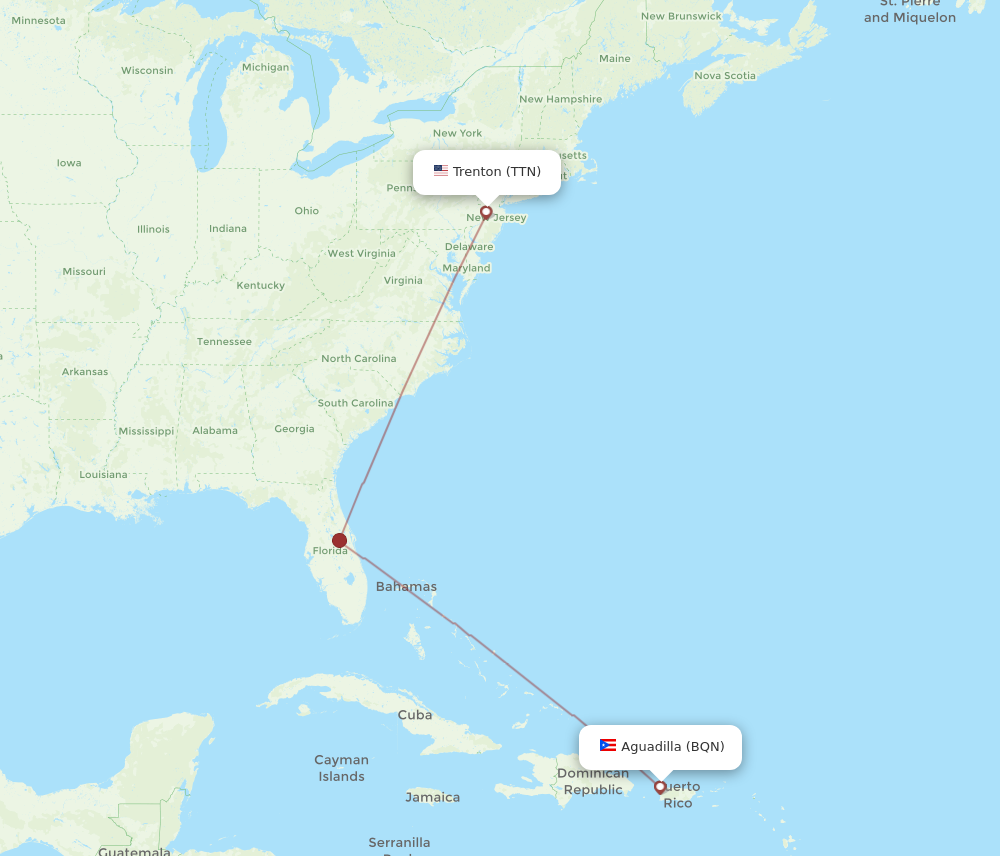 All flight routes from Trenton to Aguadilla, TTN to BQN - Flight Routes