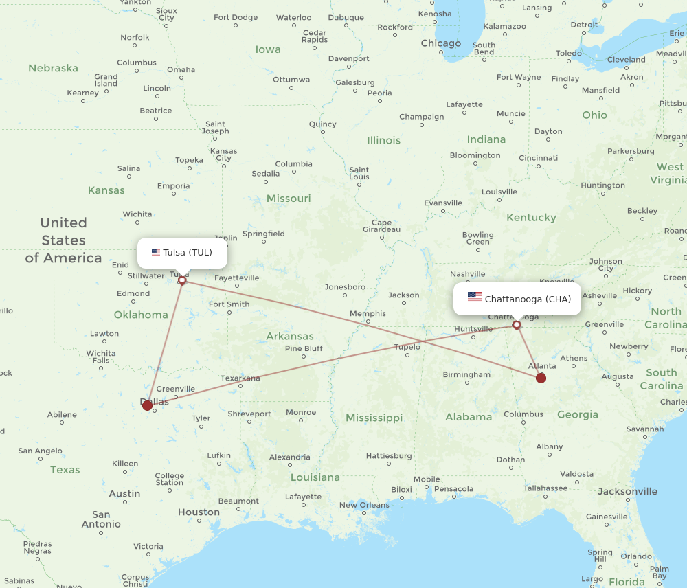 Flights from Tulsa to Chattanooga TUL to CHA Flight Routes