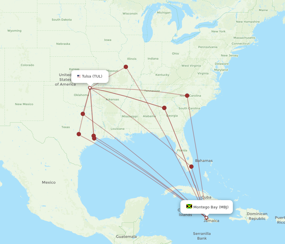 All flight routes from Tulsa to Montego Bay, TUL to MBJ - Flight Routes