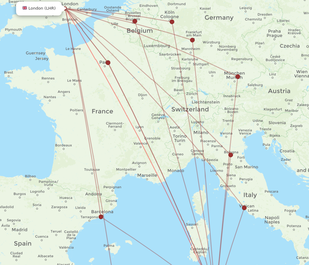 All flight routes from Tunis to London, TUN to LHR - Flight Routes